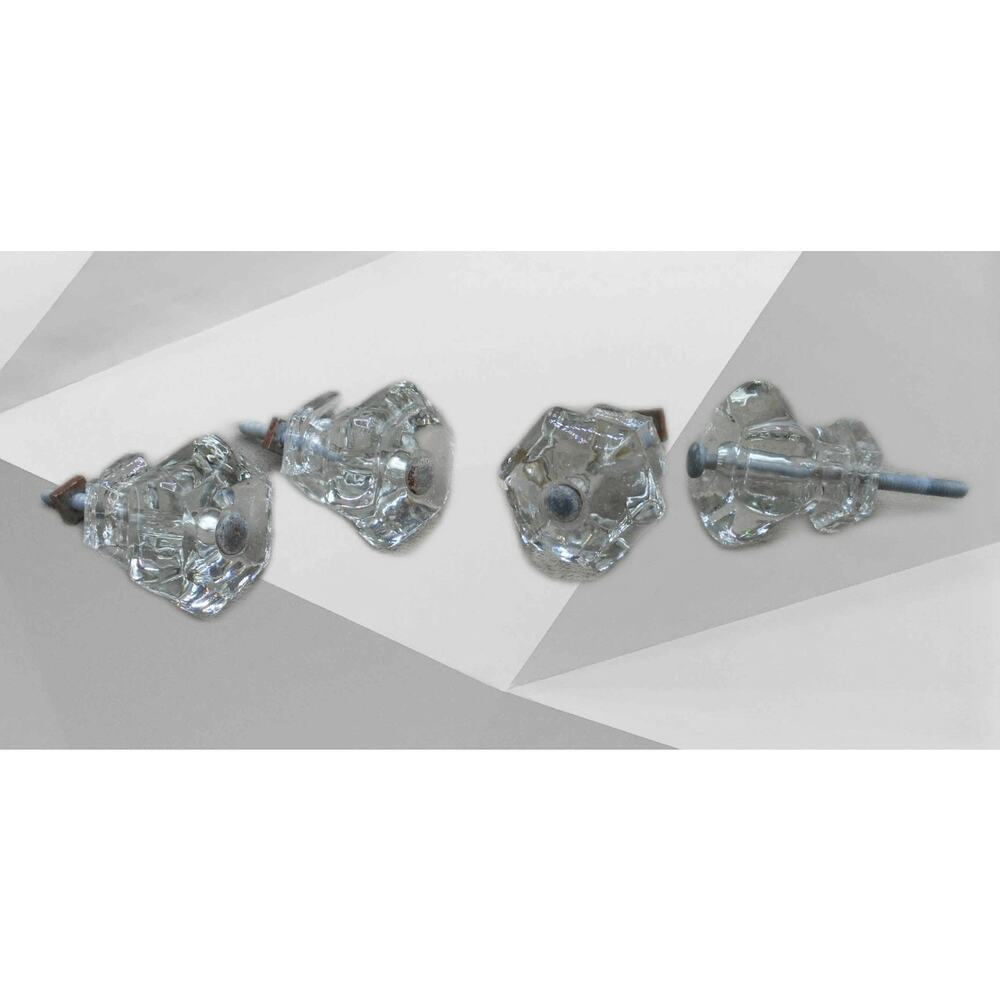 Lot of 4 Glass Hexagon Glass Drawer Pull Knobs 1.25" Diameter Vintage